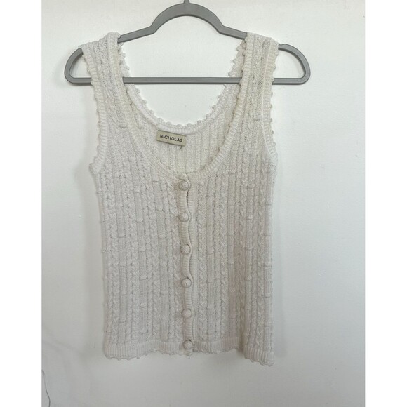 Nicholas Fine Knit Scoop Neck S/Less Top Cotton Blend White Front Buttons Sz M - Picture 1 of 5